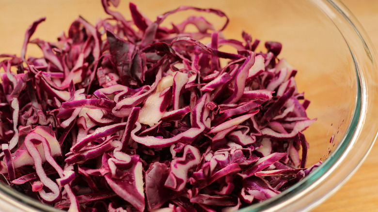 A bowl of sliced red cabbage