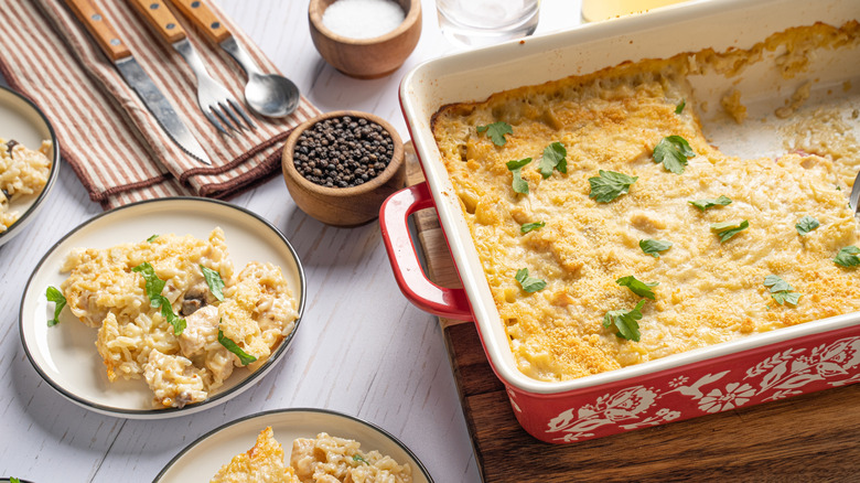 baked chicken and canned mushroom in casserole dish