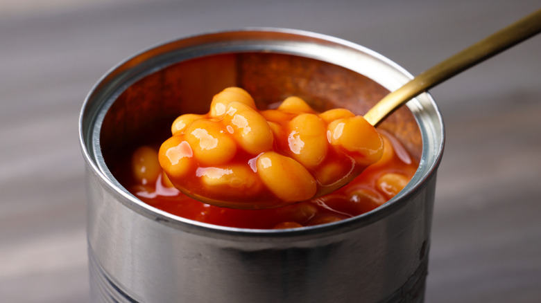 Beans in a can with a spoon