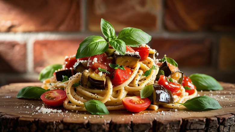 Spaghetti pasta with basil leaves, eggplant, tomato and crumbled white cheese on board