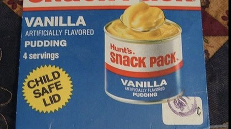 A close-up of a package of Hunt's Snack Pack canned pudding