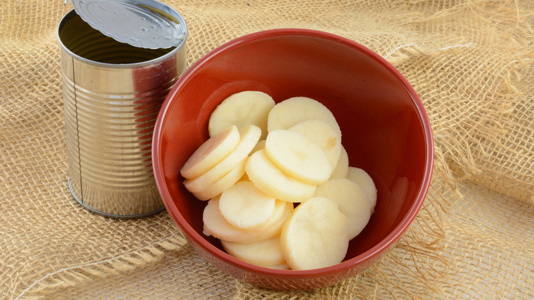 canned potatoes in a red bowl