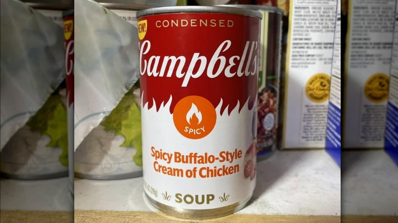 A can of Campbell's Condensed Spicy Buffalo-Style Cream of Chicken Soup
