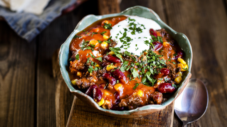 Bowl of chili with corn