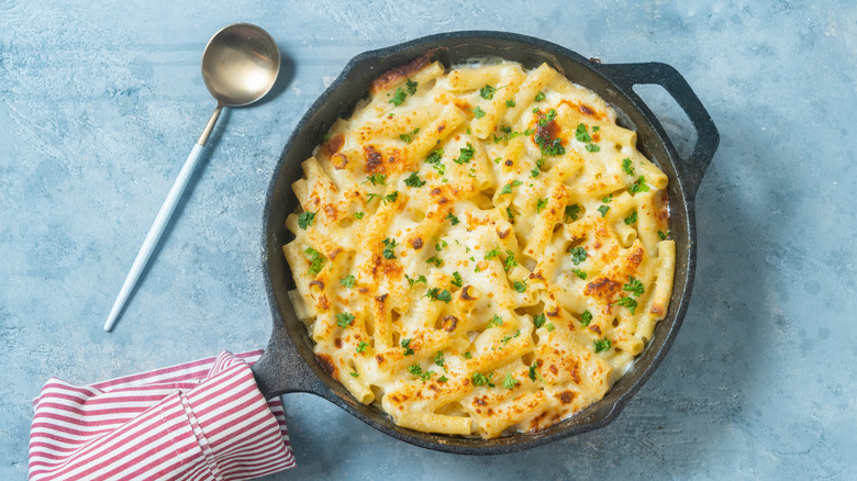 Baked mac and cheese on a table