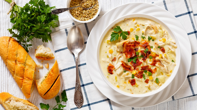 Chicken corn chowder with a side of bread