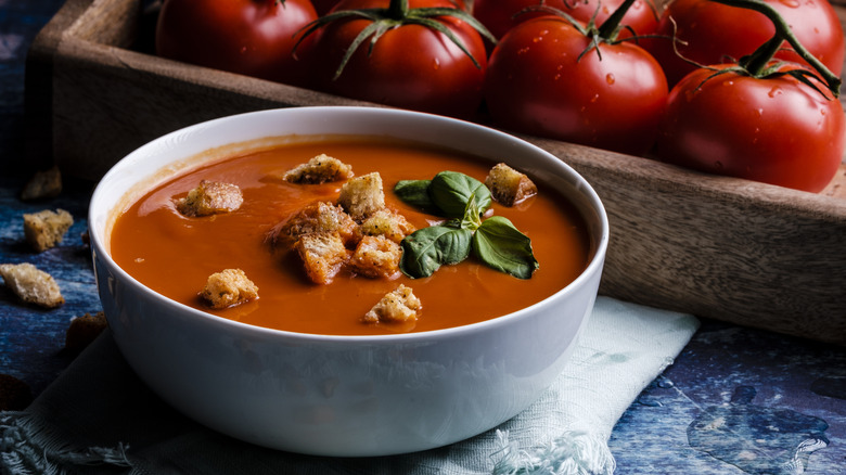 Bowl of tomato basil soup with fresh tomatoes