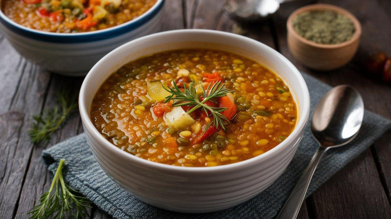 A bowl of hearty lentil soup sits on a napkin on a table.