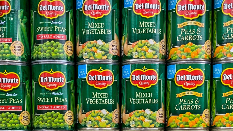 Del Monte brand canned vegetables on grocery store shelves