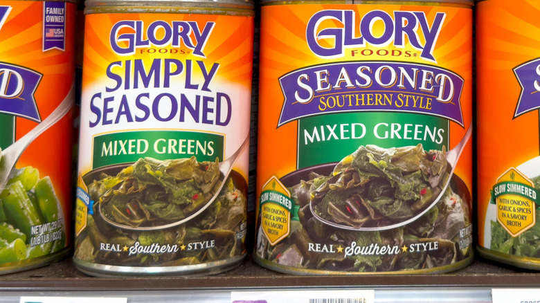 A view of several cans of Glory canned veggies, on display at a local grocery store