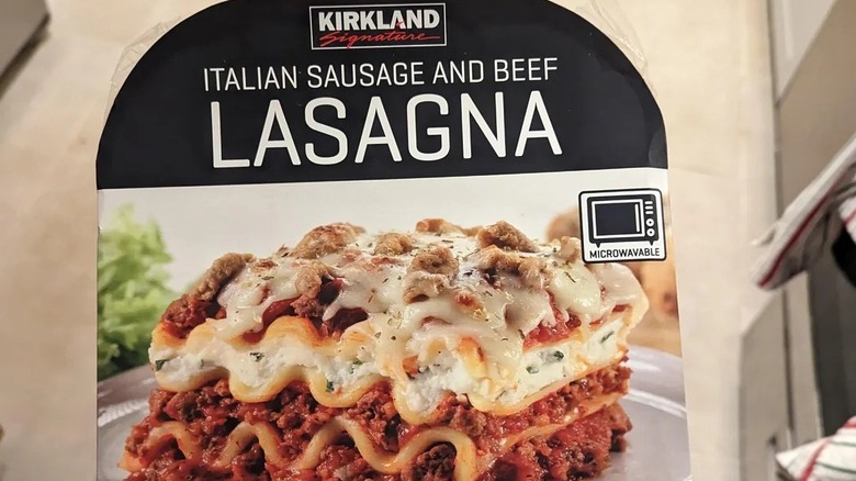 Packaging of Costco's Kirkland Signature brand Italian Sausage and Beef Lasagna