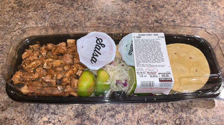 Costco's Kirkland brand chicken street tacos inside of packaging