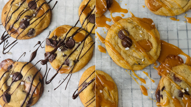 split photo of baked cookies drizzled with chocolate or caramel on parchment paper