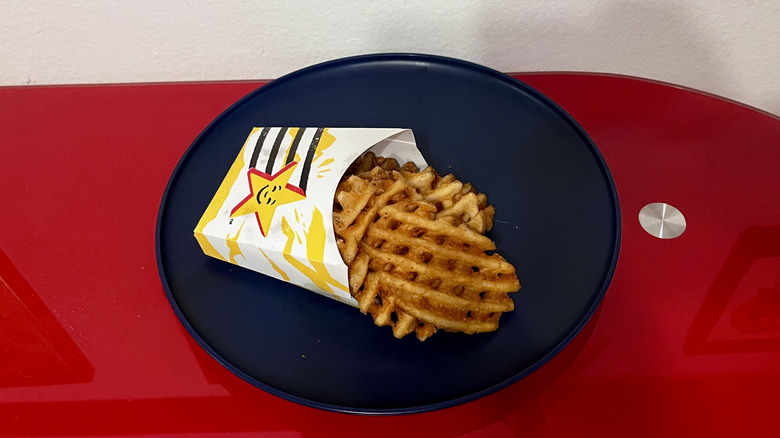 Waffle Fries from Carl's Jr. sitting on a plate