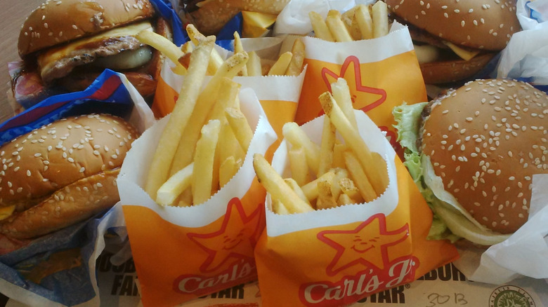 Tray of Carl's Jr. burgers and fries