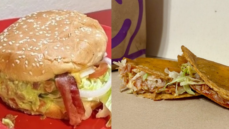 Single Guacamole Bacon Burger and Regular Tacos side by side