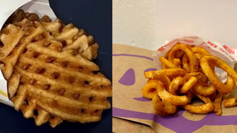 Waffle fries and curly fries side by side