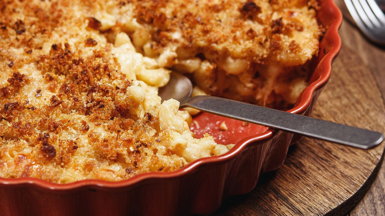 Mac and cheese with a crispy, toasted breadcrumb topping.