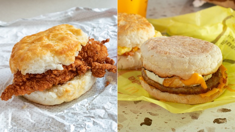 Two side-by-side images: a Chick-Fil-A chicken biscuit and a McDonald's egg McMuffin on greaseproof paper.
