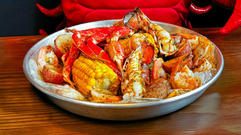 A seafood boil in a bowl on a table at Red Lobster