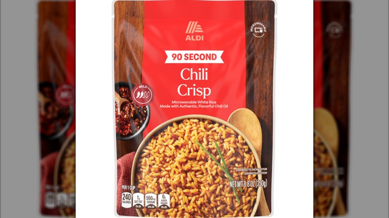 Box of Aldi Chili Crisp Ready To Serve Rice on a white background.