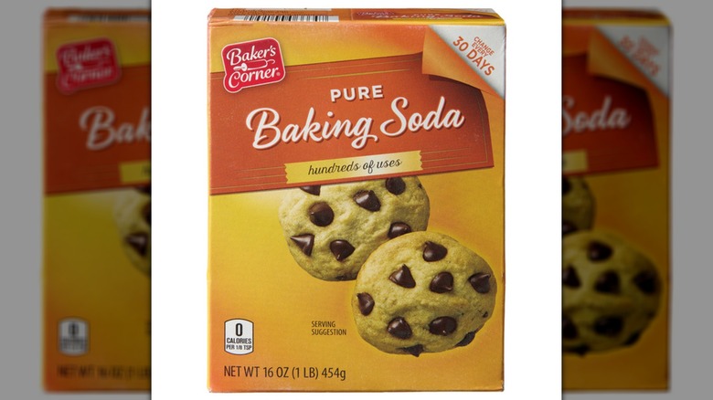 Box of Baker's Corner Baking Soda on a white background.