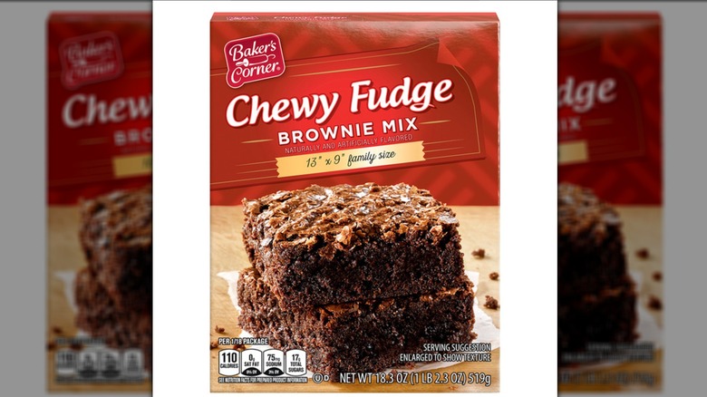 Box of Baker's Corner Chewy Fudge Brownie Mix on a white background.