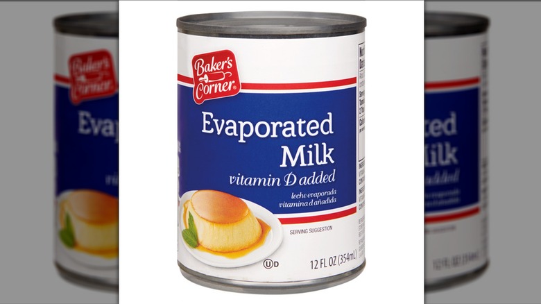 Can of Baker's Corner Evaporated Milk on a white background.