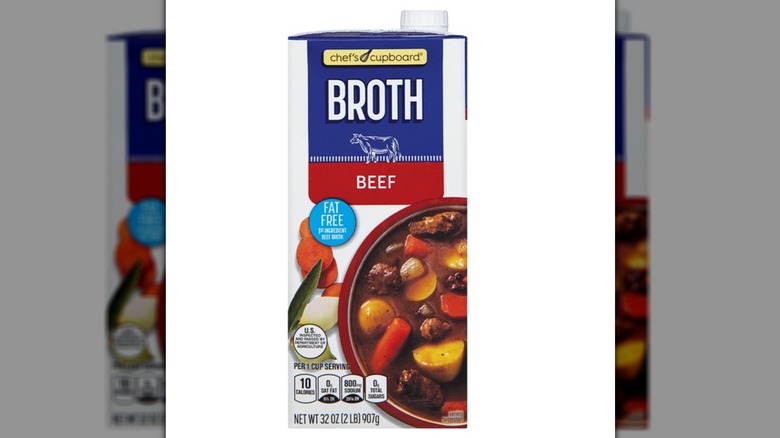 Container of Chef's Cupboard Beef Broth on a white background.