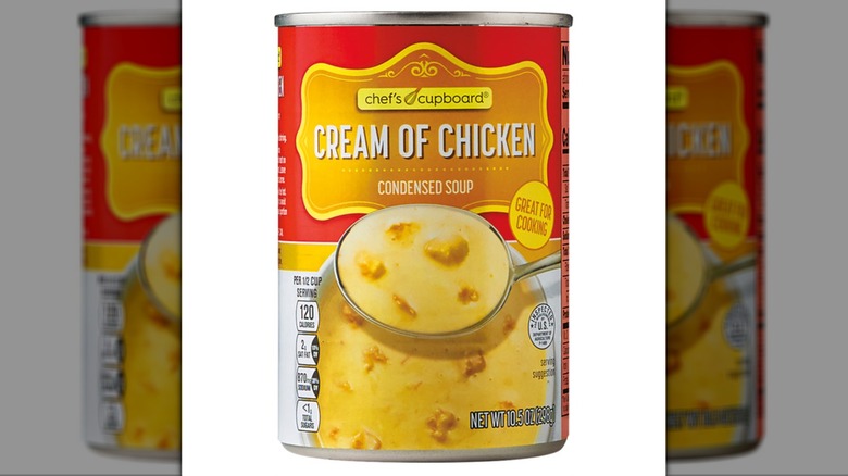 Can of Chef's Cupboard Cream Of Chicken Condensed Soup on a white background.