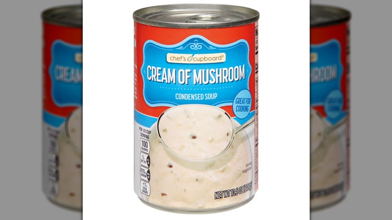 Can of Chef's Cupboard Cream Of Mushroom Condensed Soup on a white background.