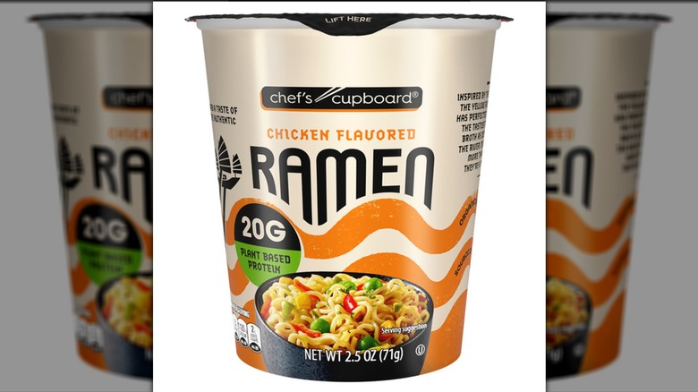 Cup of Chef's Cupboard Protein Ramen Chicken Flavor on a white background.