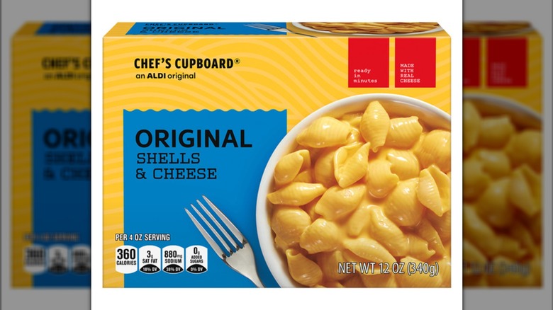 Box of Chef's Cupboard Shells And Cheese on a white background.