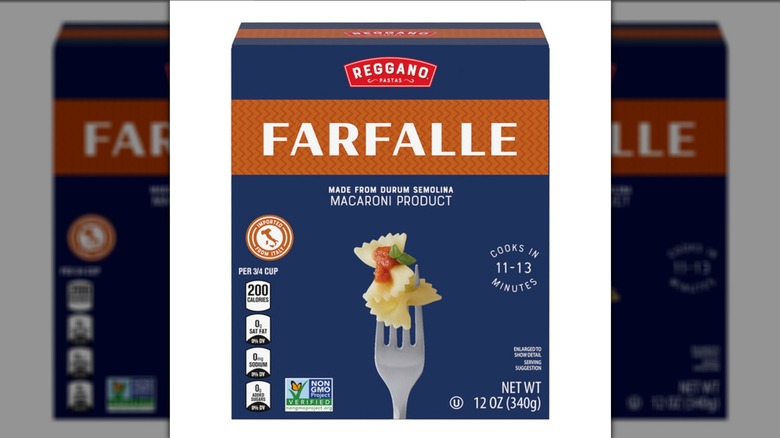 Box of Reggano Farfalle on a white background.