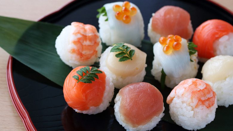 Sushi balls, or temarizushi, on a plate