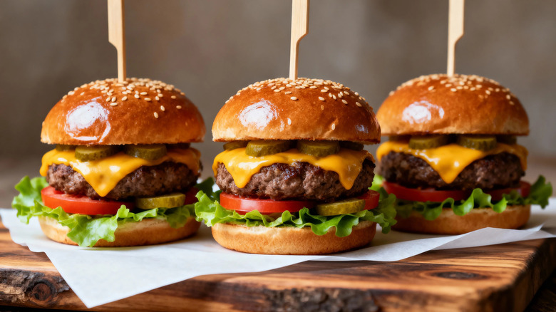 trio of beef burgers with lettuce and tomato