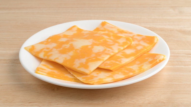 slices of Colby jack cheese on plate