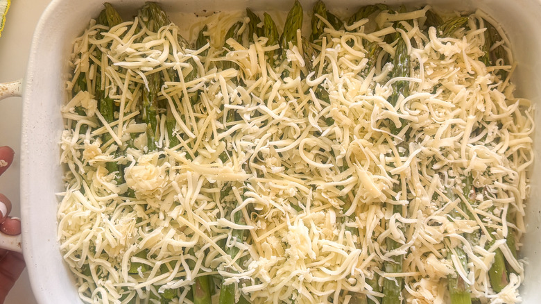 Asparagus casserole topped with cheese