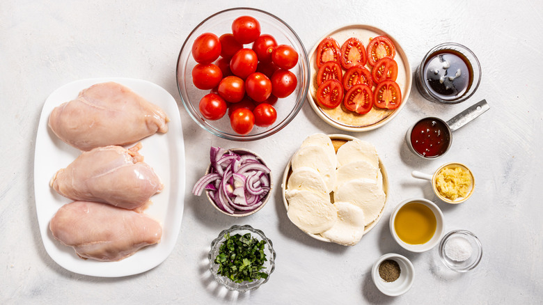 Ingredients for cheesy caprese chicken bake recipe