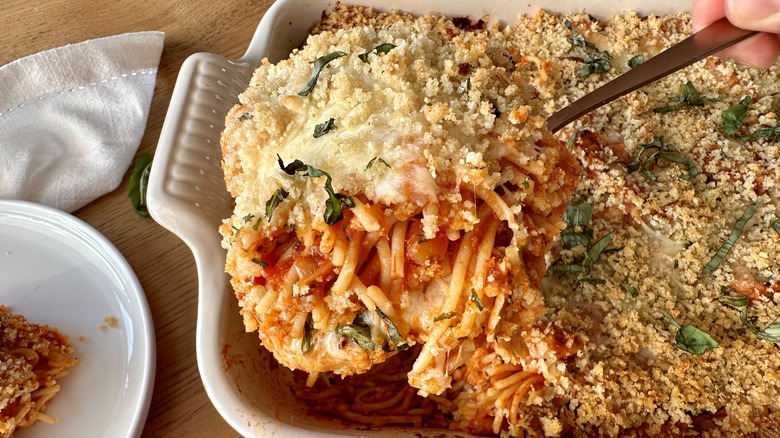 spaghetti casserole in pan