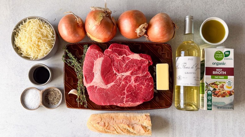 Cheesy French onion pot roast ingredients on countertop