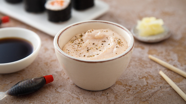 Japanese mayo in a bowl with soy sauce on the side
