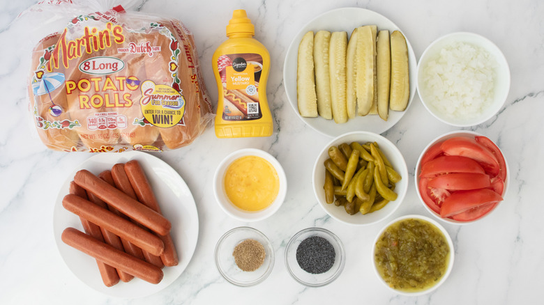 Ingredients for Chicago-style hot dogs