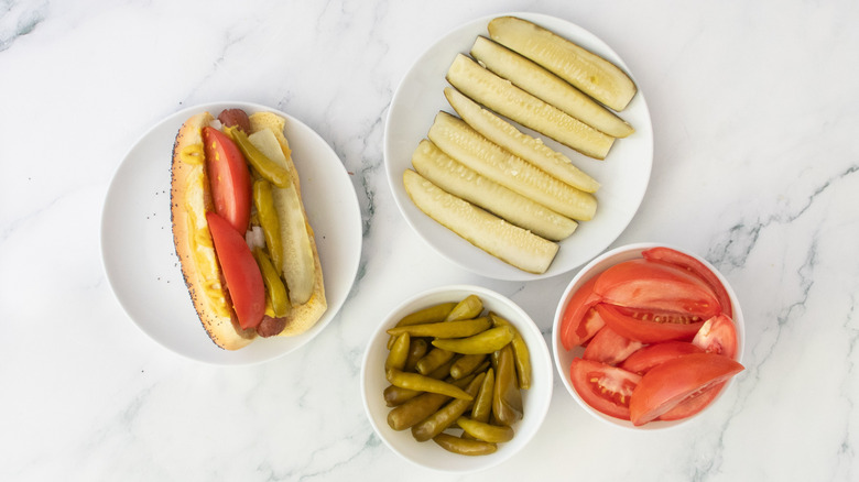 Hot dog in a bun topped with onions, relish, pickle spear, tomato wedges, and peppers