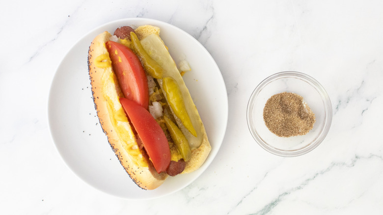 Hot dog in a bun topped with onions, relish, pickle spear, tomato wedges, peppers, and celery salt