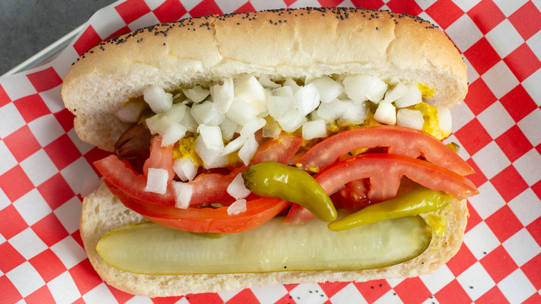 A Chicago style hot dog on a grey background