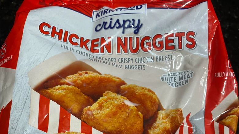 Outside packaging of Aldi's Kirkwood brand crispy chicken nuggets