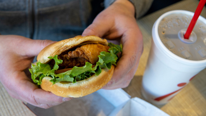 Hands holding a chicken sandwich