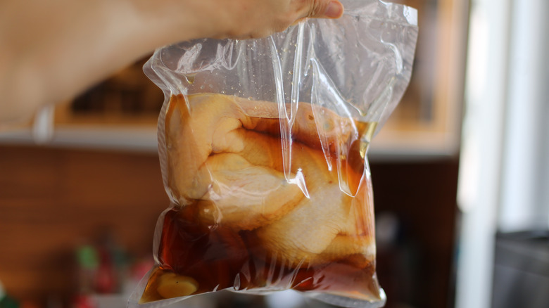 Brining chicken in a Ziplock bag.