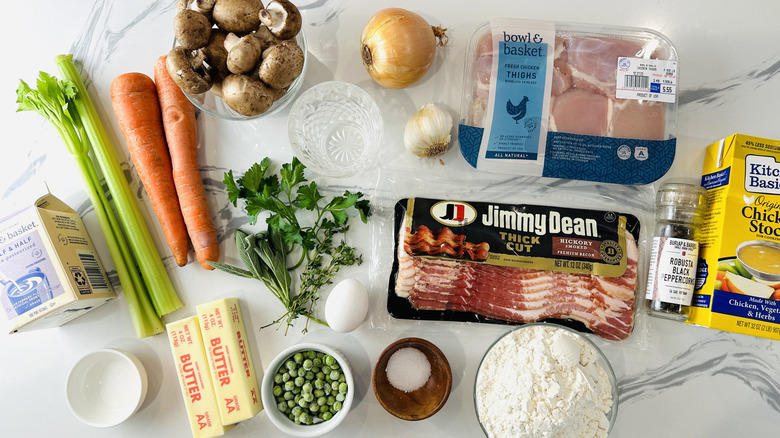 baking ingredients, vegetables, bacon, and chicken